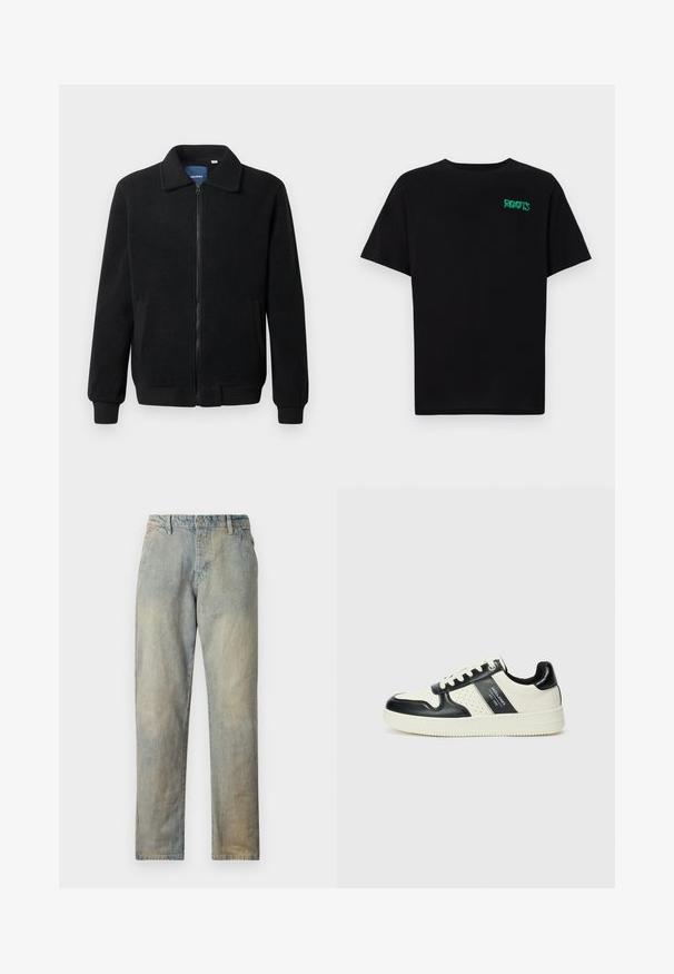 Fekete bolyhos dzseki cipzárral, állógallérral, bordázott mandzsettákkal és oldalzsebekkel, textúrált felülettel.; Fekete, pamutból készült póló rövid ujjakkal. Elöl zöld "ROOTS" logóval, kerek nyakkivágással és normál szabással.; Világoskék farmernadrág, egyenes szárú szabással, gombos és cipzáras záródással, enyhe fakulással és látható díszítések nélkül.; Fekete és krém színű bőrsneaker, perforált díszítésekkel, párnázott bokapánttal és texturált talppal.