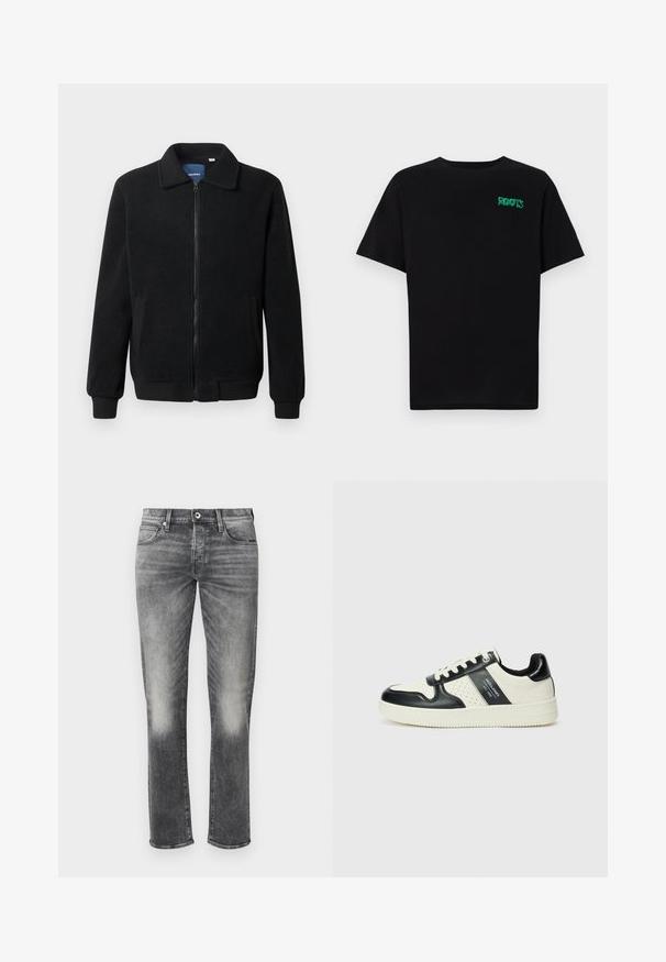 Black fleece jacket featuring a zip closure, stand collar, ribbed cuffs, and side pockets with a textured surface.; Black t-shirt made of cotton with short sleeves. Features a green "ROOTS" logo on the front, round neckline, and standard fit.; Gray denim jeans with a straight leg design, featuring subtle fading, five pockets, and a button closure. Textured fabric with minimal stitching.; Leather sneakers with a black and cream color scheme, featuring perforated accents, a padded collar, and a textured outsole.