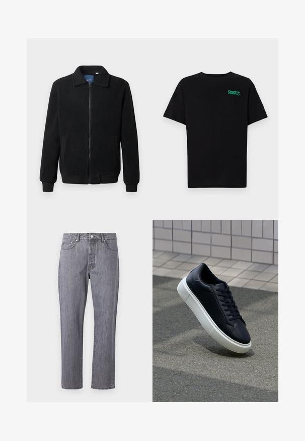 Veste en polaire noire avec fermeture éclair, col montant, poignets côtelés et poches latérales avec une surface texturée.; T-shirt noir en coton à manches courtes. Présente un logo "ROOTS" vert sur le devant, un col rond et une coupe standard.; Jean en denim gris avec un design à jambe droite, cinq poches, une fermeture à bouton et un effet de frottement subtil sur la texture du tissu.; Baskets noires en cuir avec bout arrondi et semelle en caoutchouc blanc. Elles présentent des lacets plats et une couture minimale sur la tige. Semelle texturée pour une bonne adhérence.