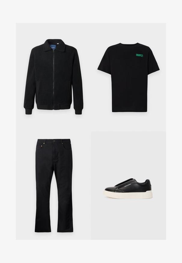 Črna flis jakna z zadrgo, stoječim ovratnikom, rebrastimi zapestji in stranskimi žepi s teksturirano površino.; Črna majica iz bombaža z kratkimi rokavi. Na sprednji strani ima zeleno logotip "ROOTS", okroglo ovratnico in standardno prileganje.; Črne denim hlače s ravnim krojem, ki imajo sprednje žepke, gumbasto zapiranje in zlate kovinske detajle. Gladka tekstura.; Črne slip-on športne čevlje z teksturiranim usnjenim zgornjim delom, belim gumijastim podplatom in brez vidnih vezalk. Na strani je logotip blagovne znamke.