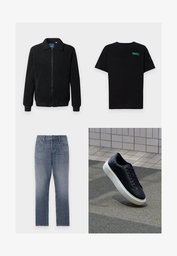 Black fleece jacket featuring a zip closure, stand collar, ribbed cuffs, and side pockets with a textured surface.; Black t-shirt made of cotton with short sleeves. Features a green "ROOTS" logo on the front, round neckline, and standard fit.; Dark blue denim jeans, straight-leg design, featuring a faded wash, five pockets, and copper-tone hardware. Clean, classic look.; Black leather sneaker with rounded toe and white rubber sole. Features flat laces and minimal stitching on the upper. Textured sole for grip.