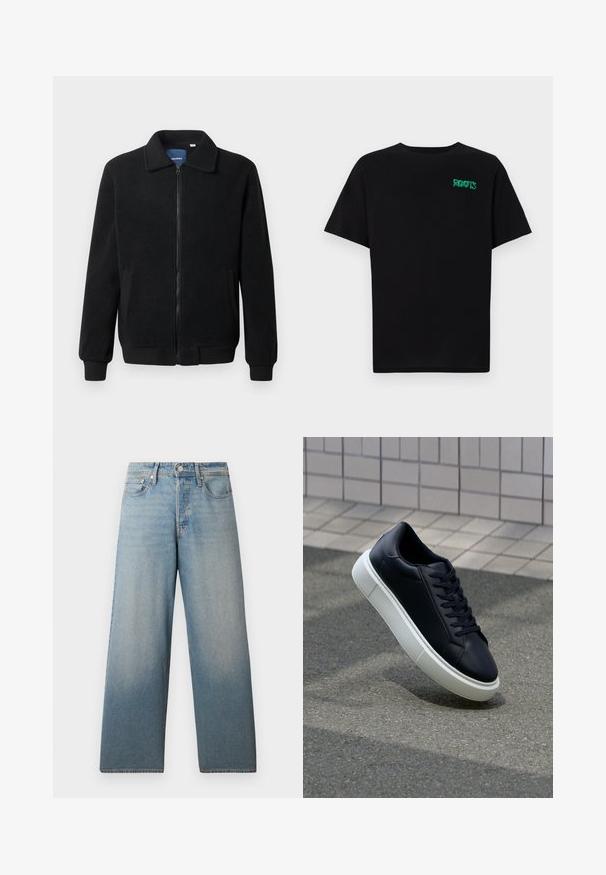 Svart fleece jakke med glidelås, høy krage, ribbestrikkede mansjetter og sidelommer med strukturert overflate.; svart t-skjorte laget av bomull med korte ermer. Har et grønt "ROOTS"-logo på forsiden, rund halsutringning og standard passform.; Lyseblå vide jeans laget av denim. Har høy midje, klassisk fem-lomme-design og subtil falming for en slitt effekt.; Sorte skinnsneakers med rund tå og hvit gummisåle. Har flate lisser og minimal søm på overdelen. Strukturert såle for grep.