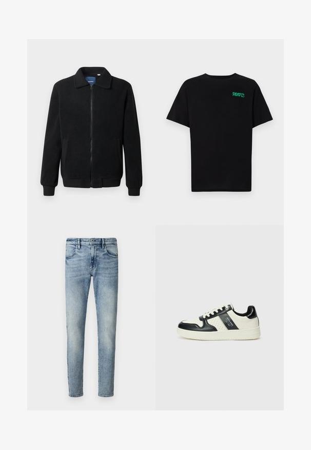 Μαύρο φλις μπουφάν με κλείσιμο με φερμουάρ, όρθιο γιακά, λαστιχένια μανίκια και πλάγιες τσέπες με υφή.; Μαύρη μπλούζα φτιαγμένη από βαμβάκι με κοντά μανίκια. Διαθέτει το πράσινο λογότυπο "ROOTS" μπροστά, στρογγυλή λαιμόκοψη και κανονική εφαρμογή.; Ανοιχτό μπλε τζιν παντελόνι με slim fit. Διαθέτει κλασικό σχέδιο πέντε τσεπών, εμφανή ραφή και ελαφριά φθορά στο ύφασμα.; Δερμάτινα sneakers με μαύρο και κρεμ χρωματικό σχέδιο, με διάτρητες λεπτομέρειες, επενδεδυμένο κολάρο και υφή στη σόλα.