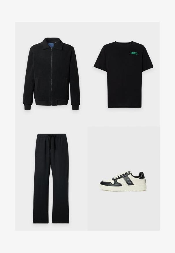 Schwarze Fleecejacke mit Reißverschluss, Stehkragen, gerippten Bündchen und seitlichen Taschen mit strukturiertem Oberflächenmaterial.; Schwarzes T-Shirt aus Baumwolle mit kurzen Ärmeln. Auf der Vorderseite befindet sich ein grünes "ROOTS"-Logo, es hat einen runden Halsauschnitt und eine normale Passform.; Schwarze, locker sitzende Hosen mit einem elastischen Bund und verstellbarem Kordelzug. Glattes Material, gerades Bein-Design und ohne Muster.; Leder-Sneaker in Schwarz- und Cremetönen, mit perforierten Akzenten, einem gepolsterten Kragen und einer strukturierten Laufsohle.