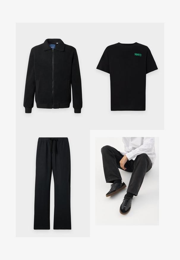 Black fleece jacket featuring a zip closure, stand collar, ribbed cuffs, and side pockets with a textured surface.; Black t-shirt made of cotton with short sleeves. Features a green "ROOTS" logo on the front, round neckline, and standard fit.; Black, loose-fitting pants with an elastic waistband and adjustable drawstring. Smooth fabric, straight leg design, and no patterns.; Black sneakers with a smooth and textured upper, featuring a rubber sole and dark laces. Paired with black jeans and a white striped shirt.