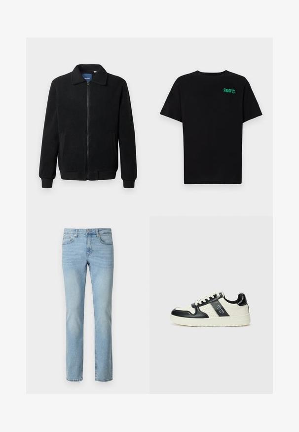 Chaqueta de forro polar negra con cierre de cremallera, cuello alzado, puños acanalados y bolsillos laterales con una superficie texturizada.; Camiseta negra de algodón con mangas cortas. Presenta un logo verde "ROOTS" en el frente, escote redondo y corte estándar.; Jeans de mezclilla azul claro con pierna recta, que presentan un diseño clásico de cinco bolsillos, trabillas para cinturón y cierre de cremallera.; Zapatillas de cuero con un esquema de colores negro y crema, que cuentan con acentos perforados, un collar acolchado y una suela texturizada.