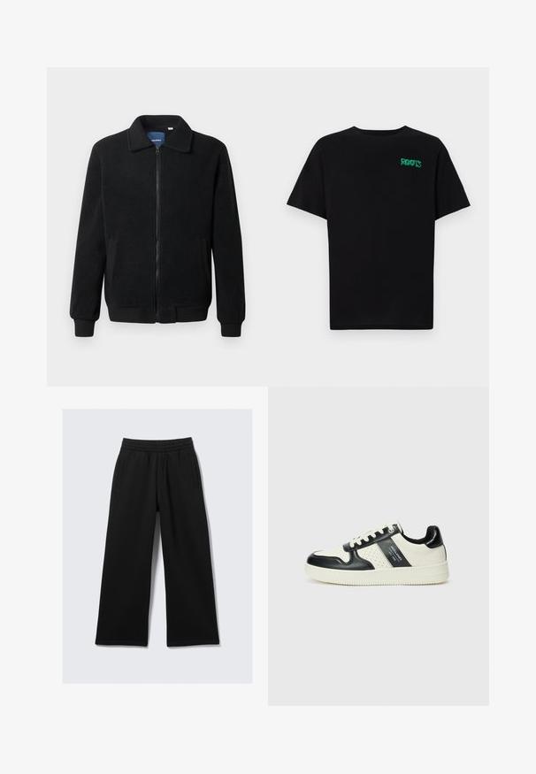 Black fleece jacket featuring a zip closure, stand collar, ribbed cuffs, and side pockets with a textured surface.; Black t-shirt made of cotton with short sleeves. Features a green "ROOTS" logo on the front, round neckline, and standard fit.; Black wide-leg pants made of soft fabric, featuring an elastic waistband and two side pockets. Smooth texture, neutral design without patterns.; Leather sneakers with a black and cream color scheme, featuring perforated accents, a padded collar, and a textured outsole.