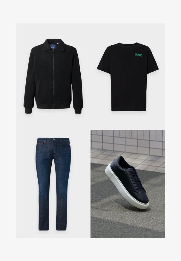 Juodas fliso džemperis su užtrauktuku, stovinčia apykakle, gumuotais rankogaliais ir šoninėmis kišenėmis, turinčiomis tekstūruotą paviršių.; Juodas medvilninis marškinėliai trumpomis rankovėmis. Priekyje yra žalias „ROOTS“ logotipas, apvalus iškirpimas ir standartinė prigludimo forma.; Tamsiai mėlyni džinsai su tiesiu kirpimu, turintys mažą raudoną akcentą priekiu kišenėje ir rudu metaliniu furnitūros elementu. Lygus paviršius.; Juodas odinis sportbačius su apvaliu pirštu ir baltu gumuotu padu. Turi plokščias raišteles ir minimalų siuvimą viršuje. Padangos tekstūra užtikrina sukibimą.