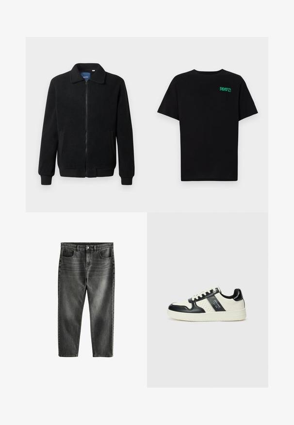 Musternahk fleece-jakk musternahaga, tõmblukk, seisev kaelus, soonikkoes varrukad ja küljetaskud tekstuurse pinnaga.; Must t-särk, mis on valmistatud puuvillast, lühikeste varrukatega. Esipaneelil on roheline "ROOTS" logo, ümmargune kaelus ja tavapärane lõige.; Tumedat hallid teksased lõdva lõikega, viie taskuga, kerge pleekimise ja kontrastsete õmblustega. Metallnupp ja lukuga sulgemine.; Nahatud nahkkingad musta ja kreemi värviskeemiga, millel on perforeeritud aktsendid, pehme krae ja tekstureeritud tallad.