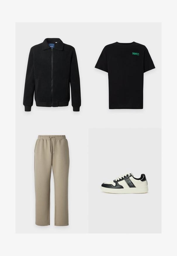 Jachetă din fleece neagră, cu închidere prin fermoar, guler înalt, manșete ribbate și buzunare laterale cu o suprafață texturată.; Tricou negru din bumbac, cu mâneci scurte. Prezintă un logo verde "ROOTS" pe față, guler rotund și o potrivire standard.; Jack & Jones JPSTBILL JJKINETIC - Pantaloni de trening - silver sage; Tenisi din piele cu un scheme de culori negru și crem, dotati cu accente perforate, guler căptușit și o talpă texturată.