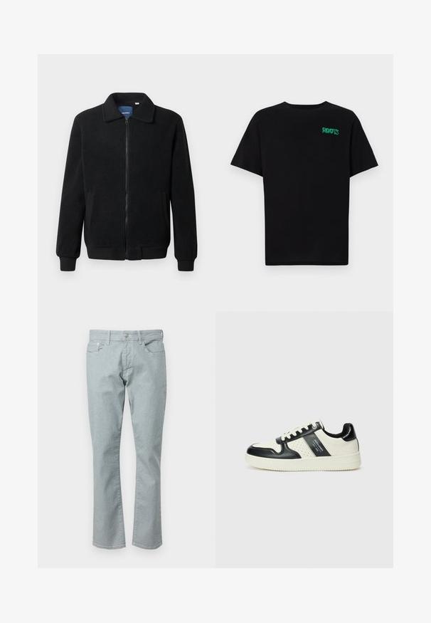 Musternahk fleece-jakk musternahaga, tõmblukk, seisev kaelus, soonikkoes varrukad ja küljetaskud tekstuurse pinnaga.; Must t-särk, mis on valmistatud puuvillast, lühikeste varrukatega. Esipaneelil on roheline "ROOTS" logo, ümmargune kaelus ja tavapärane lõige.; Heledad sinine teksariietega püksid otse lõikega, viie taskuga, lukuga kinnitamine ja kergelt tekstureeritud. Omab vöölukke ja kontrastset õmblust.; Nahatud nahkkingad musta ja kreemi värviskeemiga, millel on perforeeritud aktsendid, pehme krae ja tekstureeritud tallad.