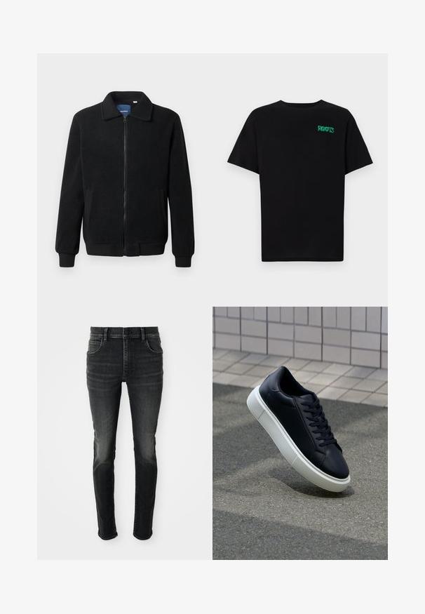Μαύρο φλις μπουφάν με κλείσιμο με φερμουάρ, όρθιο γιακά, λαστιχένια μανίκια και πλάγιες τσέπες με υφή.; Μαύρη μπλούζα φτιαγμένη από βαμβάκι με κοντά μανίκια. Διαθέτει το πράσινο λογότυπο "ROOTS" μπροστά, στρογγυλή λαιμόκοψη και κανονική εφαρμογή.; Σκούρο γκρι, ψηλόμεσες στενές τζιν παντελόνες με ξεθωριασμένο σχέδιο. Διαθέτουν πέντε τσέπες, βρόχους ζώνης και κλασικό κούμπωμα με κουμπί.; Μαύρο δερμάτινο αθλητικό παπούτσι με στρογγυλή μύτη και λευκή καουτσούκ σόλα. Διαθέτει επίπεδες κορδόνες και ελάχιστες ραφές στο επάνω μέρος. Υφή σόλας για καλύτερη πρόσφυση.