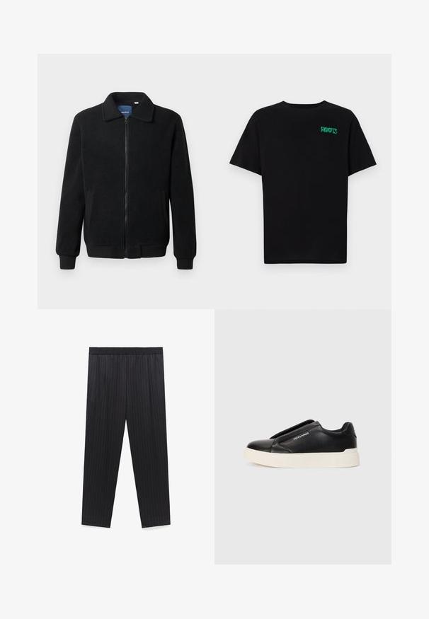 Black fleece jacket featuring a zip closure, stand collar, ribbed cuffs, and side pockets with a textured surface.; Black t-shirt made of cotton with short sleeves. Features a green "ROOTS" logo on the front, round neckline, and standard fit.; Black, pinstriped trousers with an elastic waistband, straight-leg design, and a smooth texture. No additional hardware or details visible.; Black slip-on sneaker with textured leather upper, white rubber sole, and no visible laces. Features brand logo on the side.