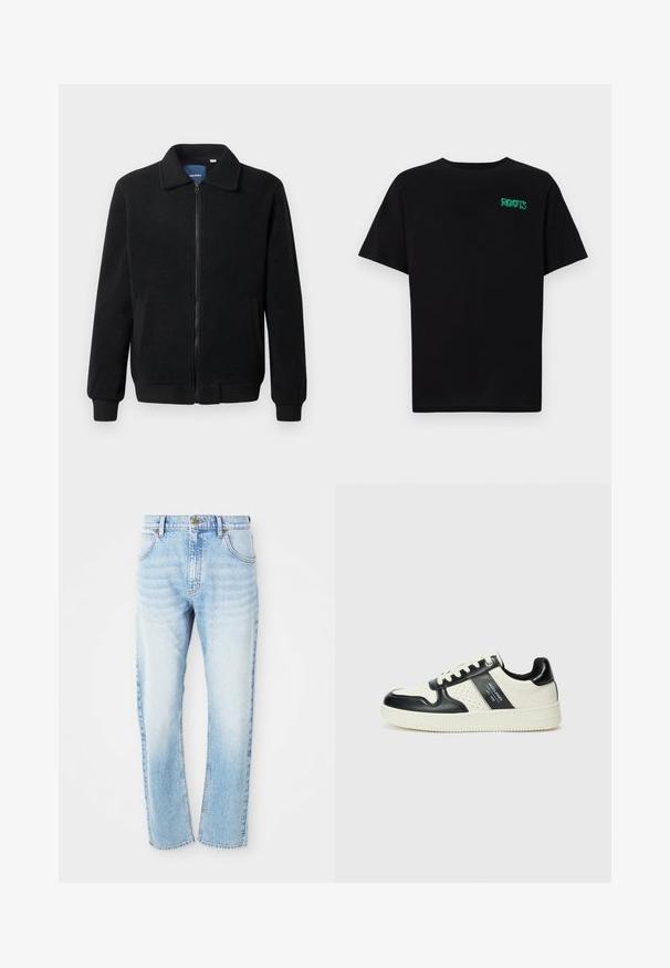 Chaqueta de forro polar negra con cierre de cremallera, cuello alzado, puños acanalados y bolsillos laterales con una superficie texturizada.; Camiseta negra de algodón con mangas cortas. Presenta un logo verde "ROOTS" en el frente, escote redondo y corte estándar.; Jeans de denim azul claro de pierna recta con bolsillos frontales, trabillas y cierre de botón.; Zapatillas de cuero con un esquema de colores negro y crema, que cuentan con acentos perforados, un collar acolchado y una suela texturizada.