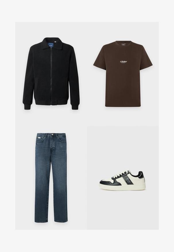 Μαύρο φλις μπουφάν με κλείσιμο με φερμουάρ, όρθιο γιακά, λαστιχένια μανίκια και πλάγιες τσέπες με υφή.; Καφέ βαμβακερό T-shirt με κοντά μανίκια, στρογγυλή λαιμόκοψη και ένα μικρό λευκό λογότυπο στο στήθος. Λείος υφασμάτινος τύπος και κανονική εφαρμογή.; Σκούρα μπλε τζιν παντελόνια με ίσια γραμμή, πέντε τσέπες, θηλιές για ζώνη και φερμουάρ. Λείο υλικό με απαλές λεπτομέρειες ξεθωριάσματος.; Δερμάτινα sneakers με μαύρο και κρεμ χρωματικό σχέδιο, με διάτρητες λεπτομέρειες, επενδεδυμένο κολάρο και υφή στη σόλα.