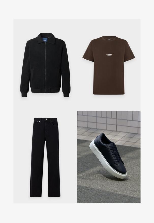 Casaco de polar preto com fecho de correr, gola alta, punhos canelados e bolsos laterais com uma superfície texturizada.; T-shirt de algodão castanho com mangas curtas, gola redonda e um pequeno logótipo branco no peito. Textura suave e ajuste regular.; Only & Sons ONSFADE LOOSE BOX - Calças de ganga folgadas - washed black; Sapatilha de couro preto com bico arredondado e sola de borracha branca. Apresenta atacadores planos e costuras mínimas na parte superior. Sola texturizada para melhor aderência.