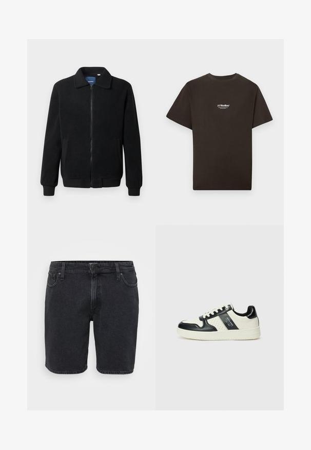 Μαύρο φλις μπουφάν με κλείσιμο με φερμουάρ, όρθιο γιακά, λαστιχένια μανίκια και πλάγιες τσέπες με υφή.; Μαύρο βαμβακερό T-shirt με κοντά μανίκια και στρογγυλή λαιμόκοψη, με το λογότυπο "JJ Studios" σε λευκό στο κέντρο μπροστά. Λείο υλικό.; Μαύρες τζιν σορτς με κλασικό σχέδιο, που διαθέτουν κλείσιμο με κουμπί μπροστά, θηλιές για ζώνη και πέντε τσέπες. Ελαφρώς ξεθωριασμένη υφή.; Δερμάτινα sneakers με μαύρο και κρεμ χρωματικό σχέδιο, με διάτρητες λεπτομέρειες, επενδεδυμένο κολάρο και υφή στη σόλα.