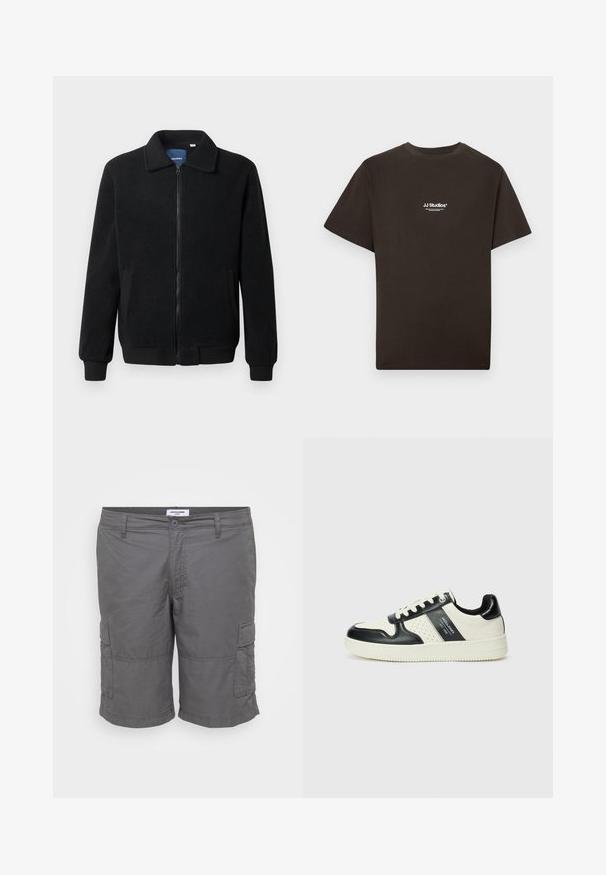 Giacca in pile nera con chiusura zip, colletto alto, polsini a coste e tasche laterali con superficie strutturata.; T-shirt in cotone nero con maniche corte e collo tondo, con il logo "JJ Studios" bianco al centro davanti. Tessuto liscio.; Pantaloni cargo grigi realizzati in tessuto leggero, con chiusura a bottone, due tasche laterali e tasche applicate su ciascuna gamba.; Sneakers in pelle con una combinazione di colori nero e crema, dotati di dettagli perforati, collare imbottito e suola testurizzata.