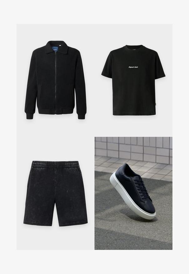 Juodas fliso džemperis su užtrauktuku, stovinčia apykakle, gumuotais rankogaliais ir šoninėmis kišenėmis, turinčiomis tekstūruotą paviršių.; Juodas medvilninis marškinėliai su trumpomis rankovėmis, su baltais siuvinėjimais "Original Studio" tekstu per krūtinę ir apvaliu kaklu.; Juodi šortai su išblukusia tekstūra, elastinga juosta ir tiesiu sijonu. Kišenių ar puošybos nėra.; Juodas odinis sportbačius su apvaliu pirštu ir baltu gumuotu padu. Turi plokščias raišteles ir minimalų siuvimą viršuje. Padangos tekstūra užtikrina sukibimą.