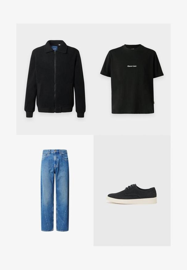 Musternahk fleece-jakk musternahaga, tõmblukk, seisev kaelus, soonikkoes varrukad ja küljetaskud tekstuurse pinnaga.; Must värvi puuvillane T-särk lühikeste varrukatega, millel on rinnal valge tikitud "Original Studio" tekst ja ümar kaelus.; Heledad sinine teksased kõrge taljega, laia säärega lõikega ja kaldu õmblusega. Omab viit taskut ja nööbiga sulgemist.; Must musta lakkidega kingad, ümarate varvastega, kerge kreemivärvi tallaga ning peene sinise õmblusega pealispinnal.