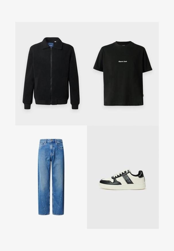 Chaqueta de forro polar negra con cierre de cremallera, cuello alzado, puños acanalados y bolsillos laterales con una superficie texturizada.; Camiseta de algodón negra de manga corta, con un texto bordado en blanco "Original Studio" en el pecho y un cuello redondeado.; Vaqueros de mezclilla de color azul claro con cintura alta, corte de pierna ancha y costuras de yugo en ángulo. Cuenta con cinco bolsillos y cierre de botón.; Zapatillas de cuero con un esquema de colores negro y crema, que cuentan con acentos perforados, un collar acolchado y una suela texturizada.