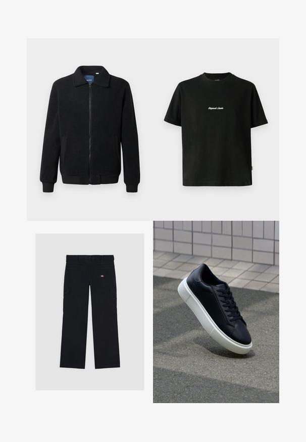 Černá fleecová bunda s zipovým uzávěrem, stojáčkem, vroubkovanými manžetami a bočními kapsami s texturovaným povrchem.; Černé bavlněné tričko s krátkým rukávem, s bílým vyšitým textem "Original Studio" přes hruď a kulatým výstřihem.; Černé cargo kalhoty vyrobené z bavlny, s několika kapsami, hladkou texturou a logem na zadní pravé kapse.; Černé kožené tenisky s kulatou špičkou a bílou gumovou podrážkou. mají ploché tkaničky a minimální šití na svršku. Texturovaná podrážka pro lepší přilnavost.