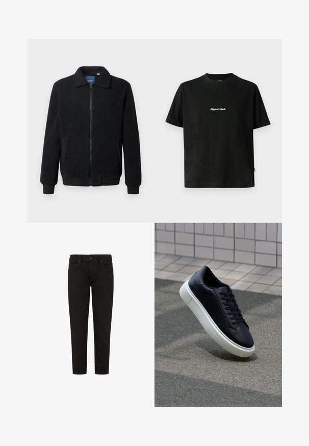 Crni flis jakna s zatvaranjem na zip, stojećim ovratnikom, rebrastim manžetama i bočnim džepovima s teksturiranom površinom.; Crna pamučna majica sa kratkim rukavima, sa bijelim izvezenim natpisom "Original Studio" na prsima i okruglim izrezom.; Pepe Jeans Traperice uskog kroja - black; Crne kožne tenisice s zaobljenim vrhom i bijelim gumiranim potplatom. Imaju ravne vezice i minimalno šivanje na gornjem dijelu. Teksturirani potplat za bolje prianjanje.