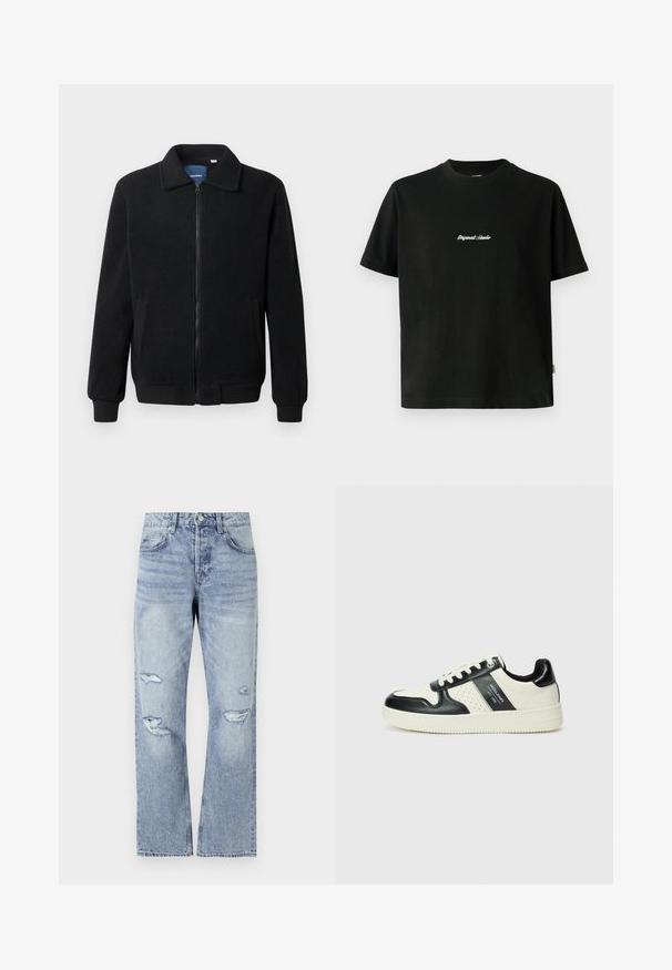 Black fleece jacket featuring a zip closure, stand collar, ribbed cuffs, and side pockets with a textured surface.; Black cotton T-shirt with short sleeves, featuring a white embroidered "Original Studio" text across the chest and a rounded neckline.; Light blue denim jeans with a straight leg design, featuring distressed rips at the knees and a classic five-pocket style.; Leather sneakers with a black and cream color scheme, featuring perforated accents, a padded collar, and a textured outsole.