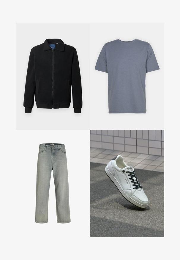 Sort fleecejakke med lynlås, opretstående krave, ribbede manchetter og sidelommer med en tekstureret overflade.; Grå T-shirt med korte ærmer og rund hals, lavet af blødt bomuldsblandingsstof. Enkel design, ingen mønstre eller accenter.; Lysegrå, løstsiddende jeans lavet af denim. Har et klassisk fem-lomme design, bæltestropper og en lige ben silhuet.; Hvide lædersneakers med perforeret tå, sorte snørebånd og hæl-akcent. Funktioner "REPLAY" branding og en solid gummisål.