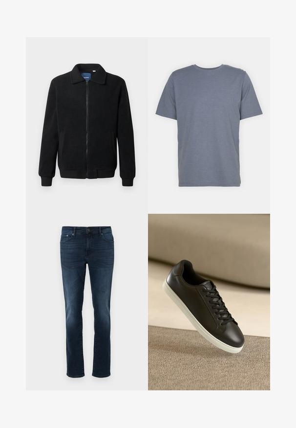 Μαύρο φλις μπουφάν με κλείσιμο με φερμουάρ, όρθιο γιακά, λαστιχένια μανίκια και πλάγιες τσέπες με υφή.; Γκρι κοντομάνικη μπλούζα με στρογγυλή λαιμόκοψη, φτιαγμένη από μαλακό ύφασμα μείγματος βαμβακιού. Απλός σχεδιασμός, χωρίς μοτίβα ή λεπτομέρειες.; Σκούρο μπλε τζιν παντελόνι με ίσια γραμμή, μέσο ύψος, πέντε τσέπες και λεπτομέρειες ραφής. Λείο υφή με ελαφρώς ξεθωριασμένα χαρακτηριστικά.; Μαύρο δερμάτινο αθλητικό παπούτσι με λευκή ελαστική σόλα και μαύρες κορδόνες, τοποθετημένο σε μια μπεζ υφασμάτινη επιφάνεια και φόντο.