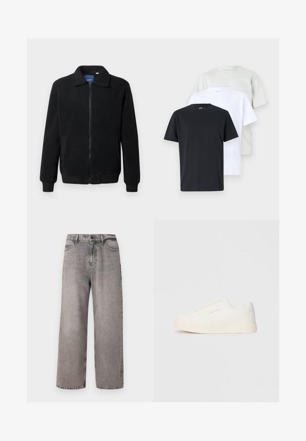 Musta fleece-takki, jossa on vetoketjulla suljettavat, pystykaulus, ribbireunat ja sivutaskut, joissa on teksturoitu pinta.; Kolme lyhythihaista T-paitaa mustana, valkoisena ja vaaleanharmaana, valmistettu puuvillasta, jossa on pyöreä kaula-aukko ja rento istuvuus. Tasaiset, yksiväriset värit.; Harmaat farkut, joissa on leveät lahkeet ja korkea vyötärö, viisi taskua ja etupainike. Pehmeä rakenne, jossa on haalistunut pesu vintage-ilmeen saavuttamiseksi.; Valkoiset liukusukat, joissa on teksturoitu pinta, paksu pohja ja minimalistikot. Sivulla on brändin logo.