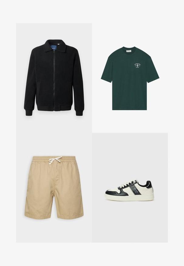 Juodas fliso džemperis su užtrauktuku, stovinčia apykakle, gumuotais rankogaliais ir šoninėmis kišenėmis, turinčiomis tekstūruotą paviršių.; Tamsiai žalias medvilninis marškinėliai trumpomis rankovėmis. Yra baltas spausdintas logotipas ant krūtinės, nurodantis "VINTAGE VIBES", ir palmių grafika.; Bežiniai medvilniniai šortai su elastingu juosmeniu, virvele ir dviem šoninėmis kišenėmis. Lygi tekstūra, iki kelių ilgio dizainas.; Odiniai sportbačiai juodos ir kreminės spalvų schemoje, su perforuotais akcentais, paminkštinta apykakle ir tekstūruotu padu.