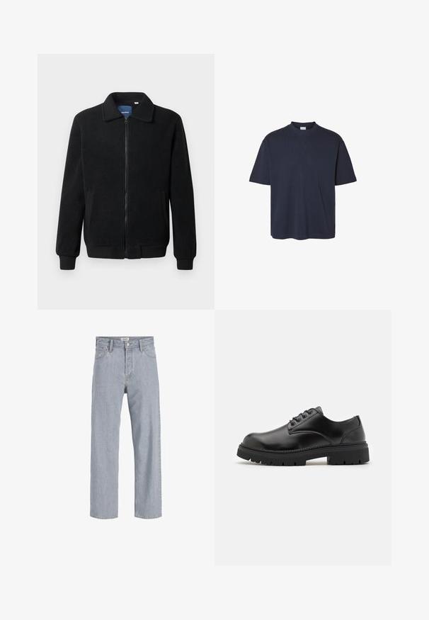 Casaco de polar preto com fecho de correr, gola alta, punhos canelados e bolsos laterais com uma superfície texturizada.; T-shirt azul-marinho de manga curta, com um decote redondo, ajuste descontraído e textura suave de algodão; sem padrões ou detalhes visíveis.; Jeans de denim azul claro com um corte relaxado, design de perna reta, costura visível, dois bolsos frontais e fecho de botão.; Sapatos de couro pretos com bico arredondado, design de atacador e sola de borracha espessa e texturizada. Apresenta costuras ao longo da borda e um acabamento liso.