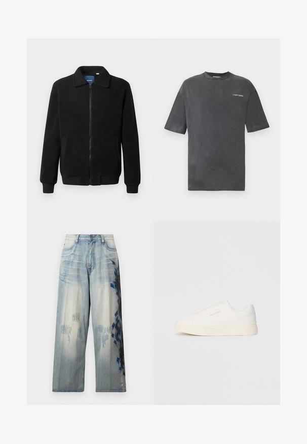 Črna flis jakna z zadrgo, stoječim ovratnikom, rebrastimi zapestji in stranskimi žepi s teksturirano površino.; Črna kratka majica s kratkimi rokavi iz mehkega materiala, z okroglim izrezom in napisom "// NI ŽAL" v beli barvi na levem prsnem predelu.; Svijetloplave traper široke hlače s istrošenim dizajnom i apstraktnim crnim i plavim uzorcima s jedne strane. Klasičan stil s pet džepova.; Bele zapete brez vezalk z teksturirano površino, debelim podplatom in minimalističnim dizajnom. Na strani se nahaja logotip blagovne znamke.