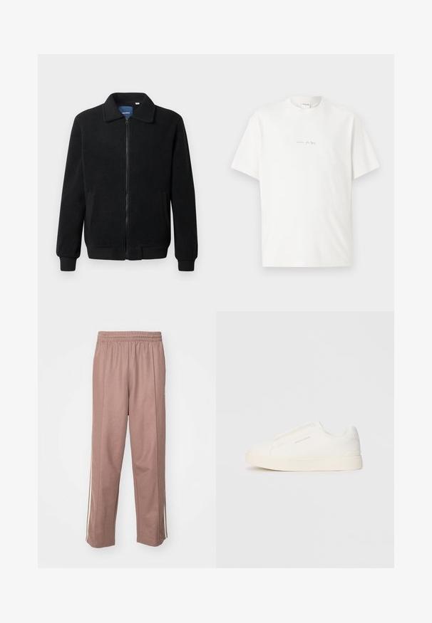 Casaco de polar preto com fecho de correr, gola alta, punhos canelados e bolsos laterais com uma superfície texturizada.; T-shirt branca de algodão com gola redonda, mangas curtas e um pequeno logótipo impresso na frente. Textura suave e corte descontraído.; Calças de desporto cor-de-rosa claro com cintura elástica, riscas laterais e design de perna reta. Feitas de material macio e elástico.; Sapatilhas brancas de atacar com uma superfície texturizada, sola grossa e design minimalista. Possui o logo da marca na lateral.