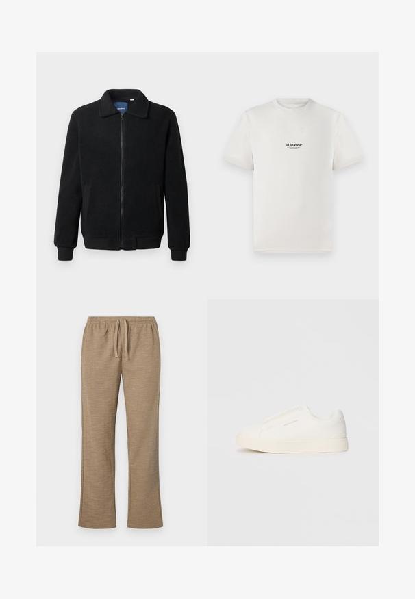 Casaco de polar preto com fecho de correr, gola alta, punhos canelados e bolsos laterais com uma superfície texturizada.; T-shirt de algodão branca com mangas curtas, apresentando um logótipo preto "JJ Studios" no peito. Design de gola redonda e ajuste padrão.; Calças bege com um padrão texturizado, apresentando uma cintura elástica com cordão. Design de perna reta com ligeira saída em baixo.; Sapatilhas brancas de atacar com uma superfície texturizada, sola grossa e design minimalista. Possui o logo da marca na lateral.