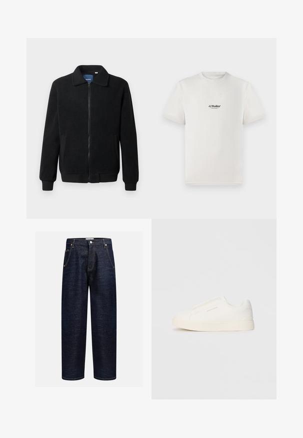 Jachetă din fleece neagră, cu închidere prin fermoar, guler înalt, manșete ribbate și buzunare laterale cu o suprafață texturată.; Tricou alb din bumbac, cu mâneci scurte, având un logo negru "JJ Studios" pe piept. Design cu guler rotund și croială standard.; Jeans din denim închis, cu croială dreaptă, dotate cu cinci buzunare, cu nituri de cupru și cusături contrastante de-a lungul cusăturilor.; Tenisi albi slip-on cu o suprafață texturată, talpă groasă și un design minimalist. Prezintă logo-ul brandului pe lateral.