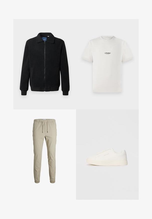 Casaco de polar preto com fecho de correr, gola alta, punhos canelados e bolsos laterais com uma superfície texturizada.; T-shirt de algodão branca com mangas curtas, apresentando um logótipo preto "JJ Studios" no peito. Design de gola redonda e ajuste padrão.; Calças joggers beige ajustadas com cintura elástica, cordão e punhos de tornozelo, feitas de um tecido suave. Apresentam uma textura lisa e um design minimalista.; Sapatilhas brancas de atacar com uma superfície texturizada, sola grossa e design minimalista. Possui o logo da marca na lateral.