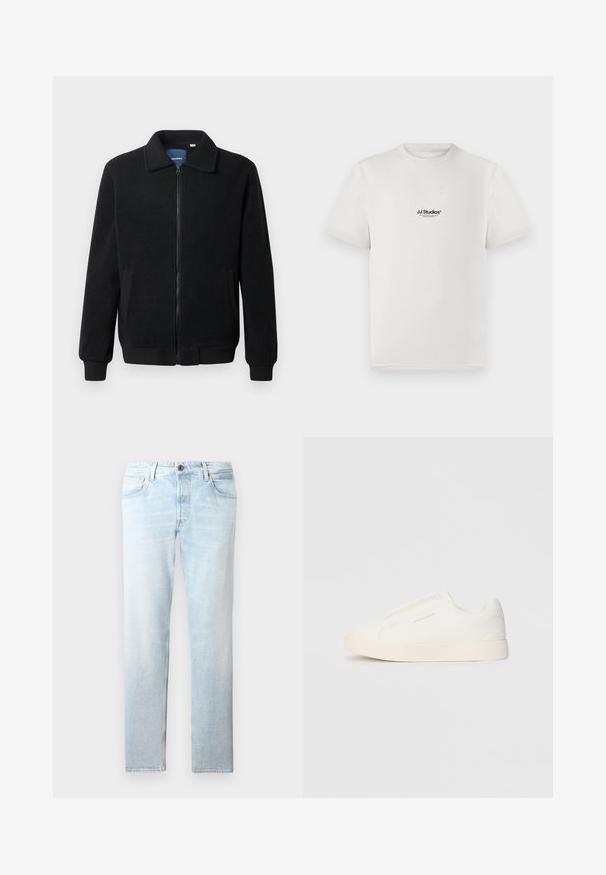 Jachetă din fleece neagră, cu închidere prin fermoar, guler înalt, manșete ribbate și buzunare laterale cu o suprafață texturată.; Tricou alb din bumbac, cu mâneci scurte, având un logo negru "JJ Studios" pe piept. Design cu guler rotund și croială standard.; Jeans din denim de un albastru deschis, cu un design drept, cinci buzunare și închidere cu un singur nasture, având pete decolorate și o textură subtilă.; Tenisi albi slip-on cu o suprafață texturată, talpă groasă și un design minimalist. Prezintă logo-ul brandului pe lateral.