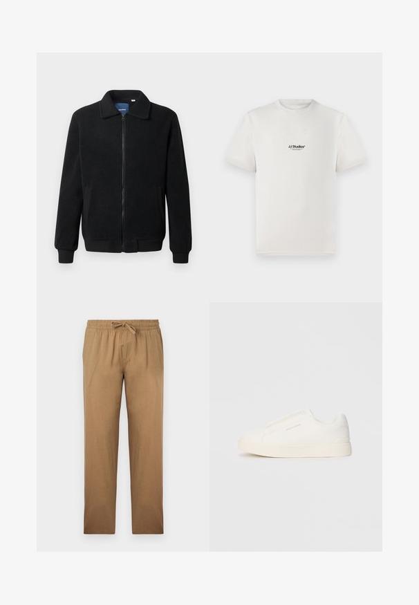 Casaco de polar preto com fecho de correr, gola alta, punhos canelados e bolsos laterais com uma superfície texturizada.; T-shirt de algodão branca com mangas curtas, apresentando um logótipo preto "JJ Studios" no peito. Design de gola redonda e ajuste padrão.; Calças de cor castanha clara, soltas e feitas de um tecido suave. Apresentam uma cintura elástica com cordão e um design de perna reta.; Sapatilhas brancas de atacar com uma superfície texturizada, sola grossa e design minimalista. Possui o logo da marca na lateral.