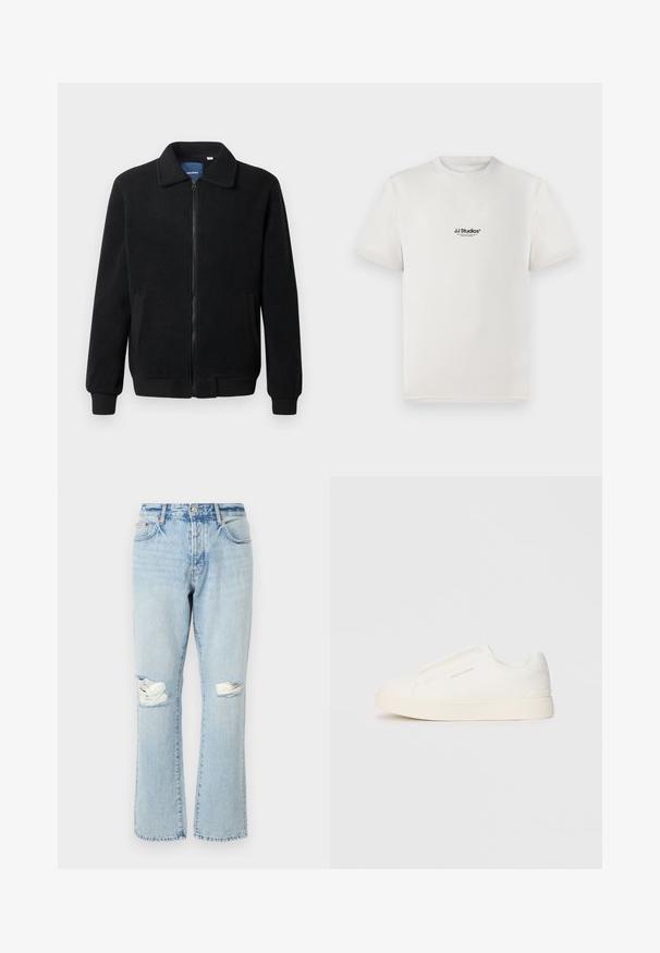 Casaco de polar preto com fecho de correr, gola alta, punhos canelados e bolsos laterais com uma superfície texturizada.; T-shirt de algodão branca com mangas curtas, apresentando um logótipo preto "JJ Studios" no peito. Design de gola redonda e ajuste padrão.; Jeans de ganga azul claro com efeito desgastado, apresentando detalhes de joelhos rasgados, pernas de corte reto, cinco bolsos e tecido de ganga com uma textura desbotada.; Sapatilhas brancas de atacar com uma superfície texturizada, sola grossa e design minimalista. Possui o logo da marca na lateral.