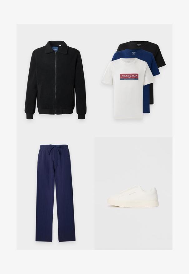 Casaco de polar preto com fecho de correr, gola alta, punhos canelados e bolsos laterais com uma superfície texturizada.; Três t-shirts de gola redonda, de manga curta, empilhadas: uma branca com logotipo vermelho e azul, uma azul-marinho e uma preta, exibidas em fundo branco.; Calças largas de cor azul marinho, feitas de tecido leve. Apresentam uma cintura elástica com cordão e bolsos laterais. Textura suave.; Sapatilhas brancas de atacar com uma superfície texturizada, sola grossa e design minimalista. Possui o logo da marca na lateral.