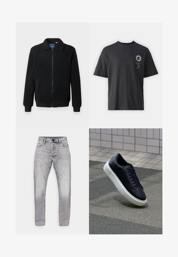 Chaqueta de forro polar negra con cierre de cremallera, cuello alzado, puños acanalados y bolsillos laterales con una superficie texturizada.; Camiseta de algodón negra con mangas cortas, cuello redondo y gráficos en la parte frontal de un sol y una luna, acompañados del texto "Le Soleil et La Lune."; Jeans de mezclilla gris con corte recto, que presentan un lavado desgastado, diseño de cinco bolsillos y cierre estándar de botón y cremallera.; Zapatilla de cuero negro con punta redonda y suela de goma blanca. Presenta cordones planos y un mínimo de costuras en la parte superior. Suela texturizada para proporcionar agarre.