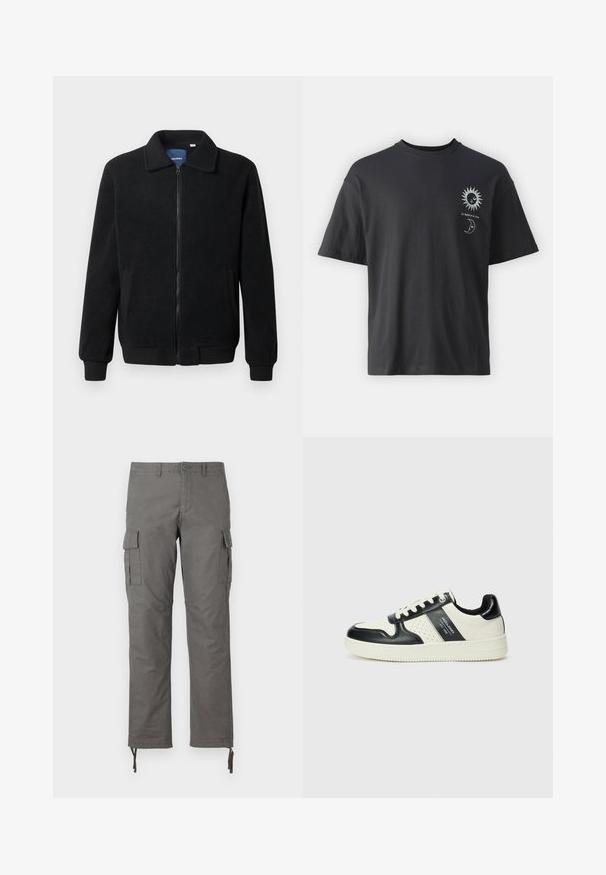 Crni flis jakna s zatvaranjem na zip, stojećim ovratnikom, rebrastim manžetama i bočnim džepovima s teksturiranom površinom.; Crna pamučna majica kratkih rukava, okruglog izreza, s grafikom sunca i mjeseca na prednjoj strani, uz tekst "Le Soleil et La Lune."; Sive cargo hlače s ravnim krojem, više bočnih džepova i podešavanim zatvaračima na gležnjem. Izrađene od izdržljivog materijala.; Kožne tenisice s crno-bijelom paletom boja, koje imaju perforirane akcentne detalje, podstavljeni ovratnik i teksturiranu potplat.