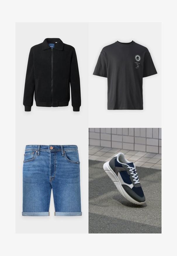 Black fleece jacket featuring a zip closure, stand collar, ribbed cuffs, and side pockets with a textured surface.; Black cotton t-shirt with short sleeves, round neck, and front graphics of a sun and moon, accompanied by text "Le Soleil et La Lune."; Denim shorts in a medium blue tone with rolled cuffs, five-pocket design, brass button closure, and contrasting stitching.; Sneaker featuring a navy blue mesh upper, gray suede accents, white rubber sole, and flat white laces, designed for comfort and breathability.