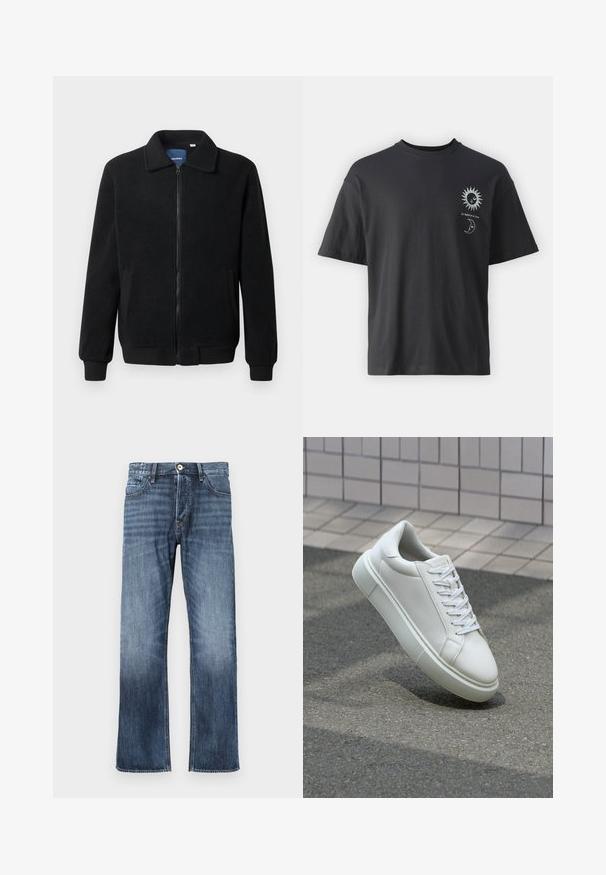 Μαύρο φλις μπουφάν με κλείσιμο με φερμουάρ, όρθιο γιακά, λαστιχένια μανίκια και πλάγιες τσέπες με υφή.; Μαύρο βαμβακερό μπλουζάκι με κοντά μανίκια, στρογγυλή λαιμόκοψη και μπροστινές γραφικές παραστάσεις ενός ήλιου και μιας σελήνης, συνοδευόμενες από το κείμενο "Le Soleil et La Lune."; Σκούρο μπλε τζιν παντελόνι με ίσια γραμμή, μπροστινές τσέπες, κλείσιμο με κουμπί και ελαφριά φθορά στην αφέλεια. Χωρίς διακοσμητικά στοιχεία.; Λευκό δερμάτινο αθλητικό παπούτσι με λείο επιφάνεια, στρογγυλή μύτη και επίπεδα λευκά κορδόνια. Διαθέτει υφασμάτινη καουτσούκ σόλα και ελάχιστα σχεδιαστικά στοιχεία.