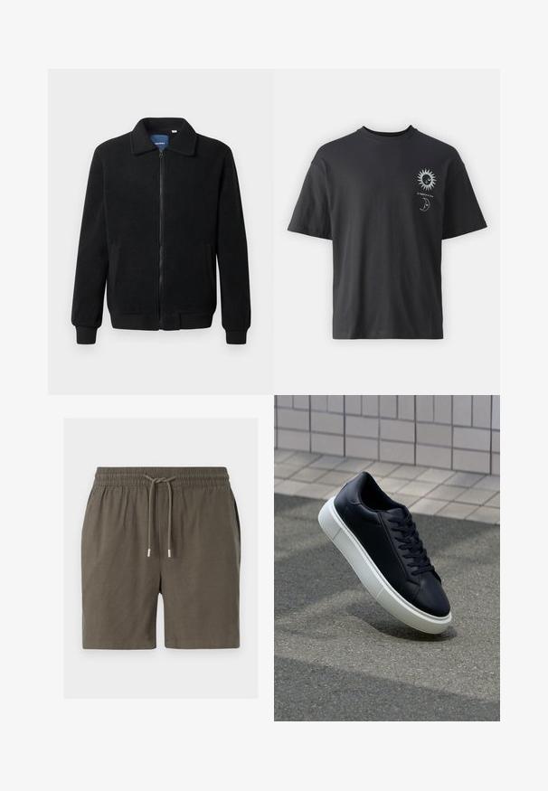 Giacca in pile nera con chiusura zip, colletto alto, polsini a coste e tasche laterali con superficie strutturata.; T-shirt in cotone nero con maniche corte, collo rotondo e grafica frontale di un sole e una luna, accompagnata dal testo "Le Soleil et La Lune."; Pantaloni corti verde scuro con vita elasticizzata, chiusura con cordino e una texture liscia e leggera. Nessuna tasca visibile o fantasie.; Sneaker in pelle nera con punta arrotondata e suola in gomma bianca. Presenta lacci piatti e cuciture minime sulla parte superiore. Suola testurizzata per una migliore aderenza.