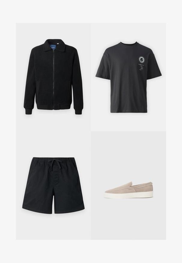 Melnā vilnas jaka ar rāvējslēdzēju, stāvošu apkakli, ribotām piedurknēm un sānu kabatām ar teksturētu virsmu.; Melna kokvilnas t-krekls ar īsām piedurknēm, apaļu apkakli un priekšpusē attēlotiem saules un mēness grafikas, kopā ar tekstu "Le Soleil et La Lune."; Melni peldbikses ar elastīgu vidukli un auklu. Iespējamas sānu kabatas un gluda, viegla auduma struktūra. Regulāra piegriezuma.; Beige zamšādas slip-on apavi ar gludu tekstūru, noapaļotu purngalu un baltu gumijas zoli. Iezīmējas ar vienkāršu šuvumu gar augšējo daļu.