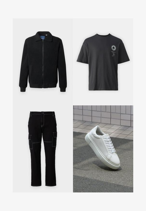 Čierna flísová bunda s uzáverom na zips, stojatým golierom, rebrovanými manžetami a bočnými vreckami s textúrovaným povrchom.; Čierne bavlnené tričko s krátkymi rukávmi, okrúhlym výstrihom a prednými grafikami slnka a mesiaca, doplnené textom "Le Soleil et La Lune."; Čierne cargo nohavice vyrobené z denimu, s bielym prešívaním, dvoma bočnými vreckami a strihom so širokými nohavicami. Klasické zapínanie na gombík v páse.; Biele kožené tenisky s hladkým povrchom, okrúhlym špičkou a plochými bielymi šnúrkami. Obsahuje štruktúrovanú gumovú podrážku a minimalistický dizajn.