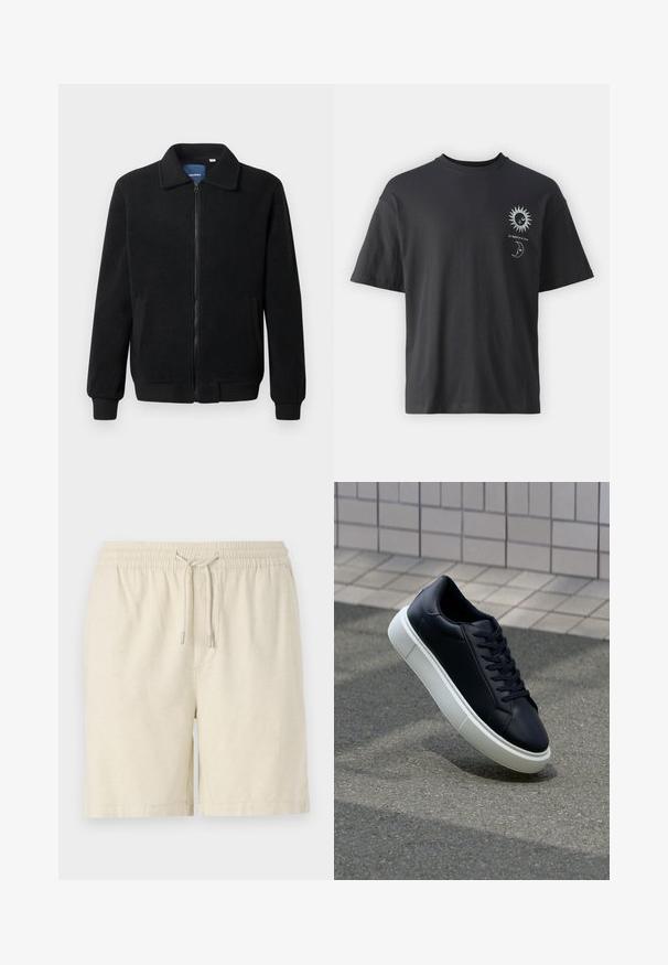 Black fleece jacket featuring a zip closure, stand collar, ribbed cuffs, and side pockets with a textured surface.; Black cotton t-shirt with short sleeves, round neck, and front graphics of a sun and moon, accompanied by text "Le Soleil et La Lune."; Light beige shorts made from a textured fabric. Features an elastic waistband with a drawstring and side pockets. Classic cut and casual design.; Black leather sneaker with rounded toe and white rubber sole. Features flat laces and minimal stitching on the upper. Textured sole for grip.